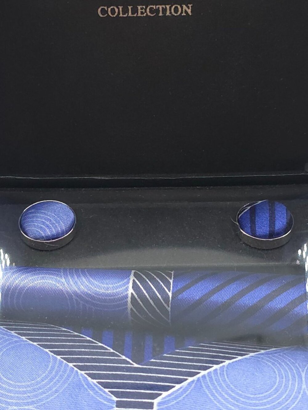 George Martin Collection Men's Blue Patterned Tie Set W/ Cufflinks & Pocket Squa - Picture 3 of 7